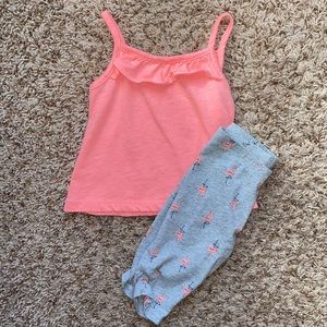12-18M girl coral colored tank top and gray  flamingo print Capri leggings